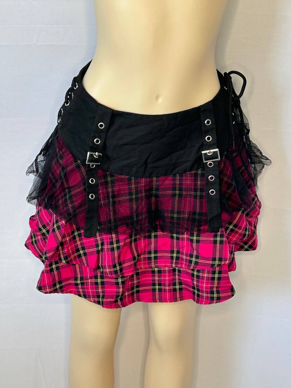 Pink Plaid Mini Skirt Lace-Up Sides Buckle Detail Y2K Alt Dark Halloween